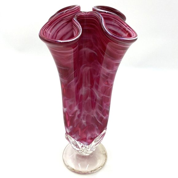 Art Glass Hand Blown Vase Cranberry Swirl Ruffled Edge Applied Clear Foot